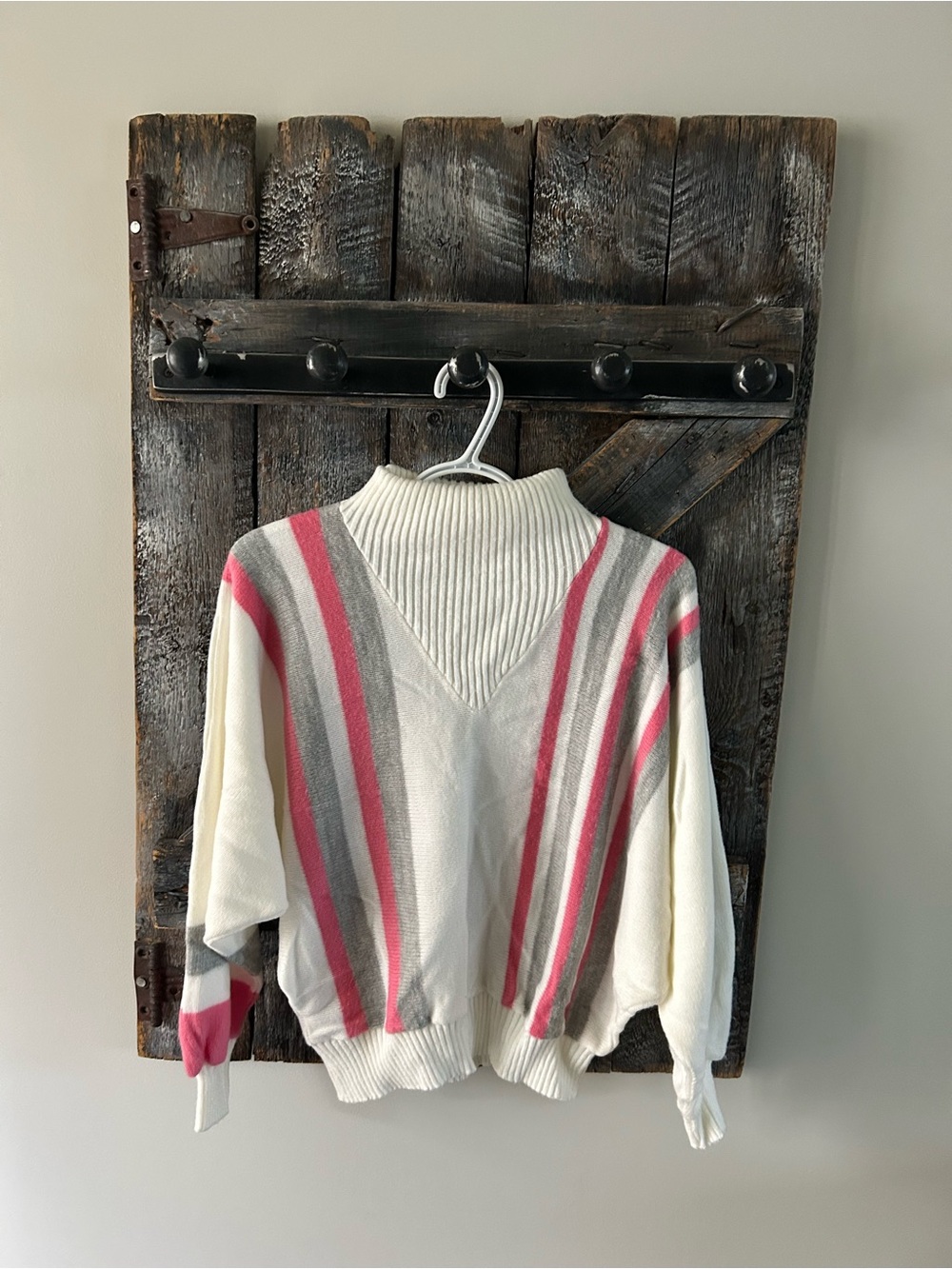 Women's Vintage Universal Cream Stripe Mock Neck Sweater - Pink & Gray Accent